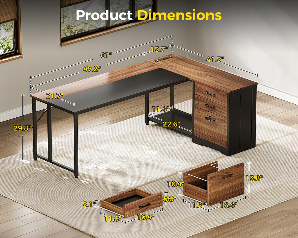 61" L Shaped Office Desk with Wood Drawers D695