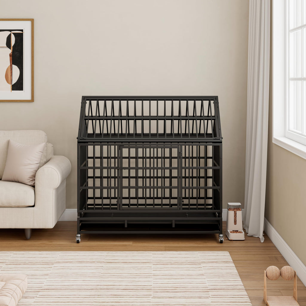 48 Inch Heavy Duty Collapsible Metal Dog Crate with Wheels T68788