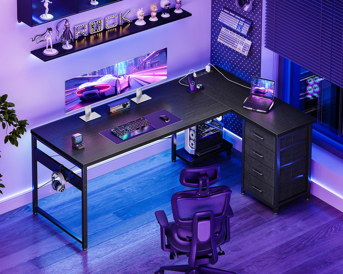 61" L Shaped Gaming Desk with 4 Drawers and Power Outlets, Black P3103