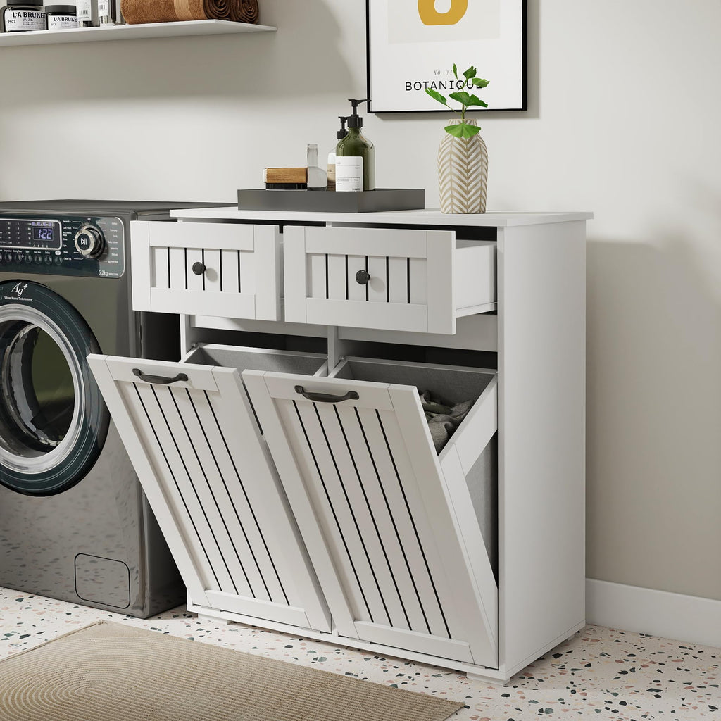 White Tilt Out Trash Cabinet with 2 Drawers X9034