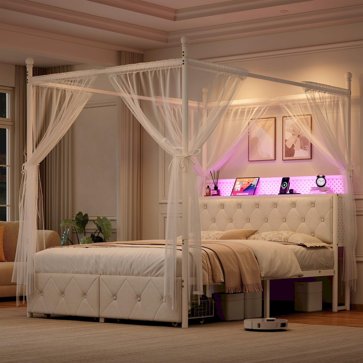 Full Size Canopy Bed Frame with Charging Station and LED Lights X988489