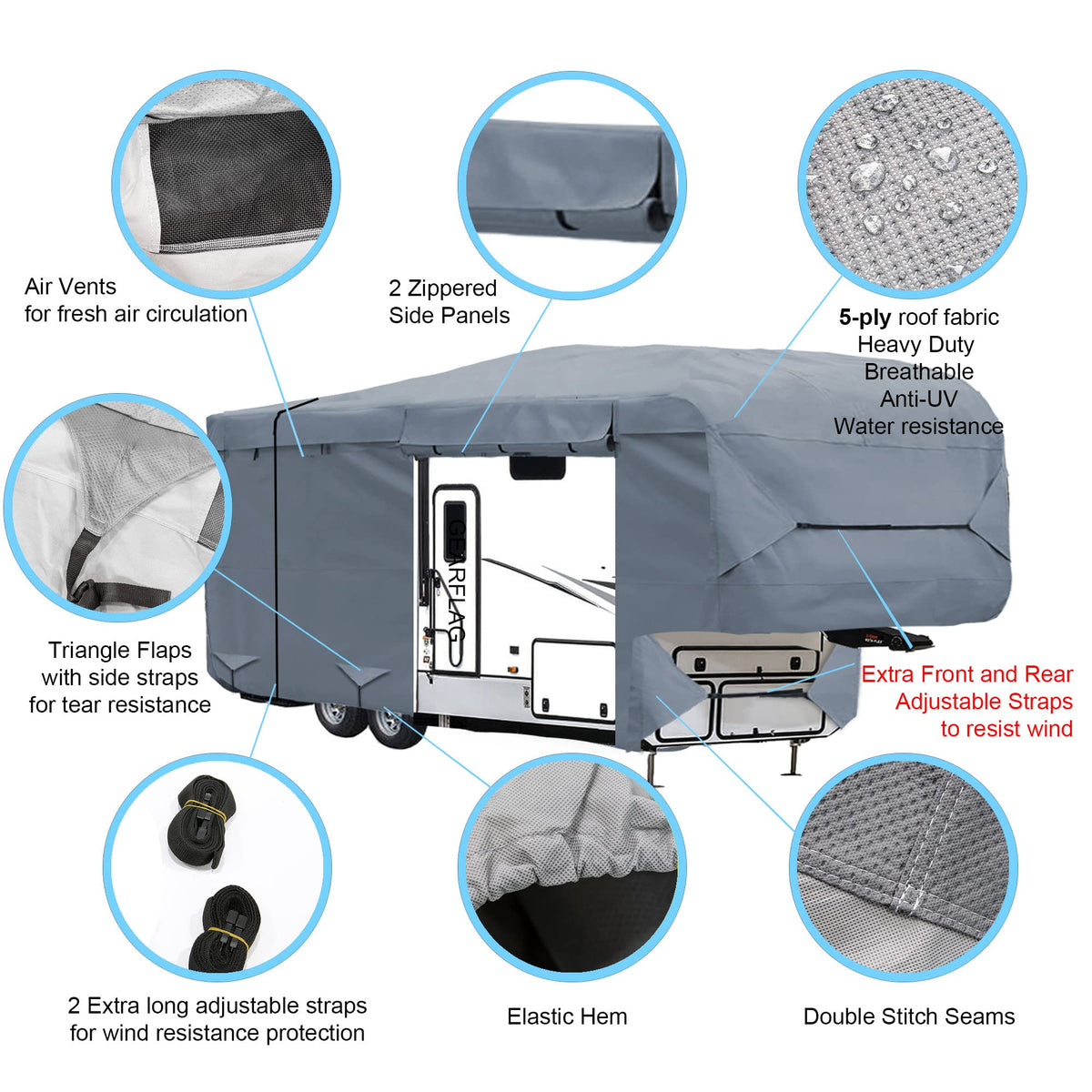 5th Wheel RV Trailer Cover 5 Layers with Windproof Side-Straps Heavy Duty 24' - 26' H6082