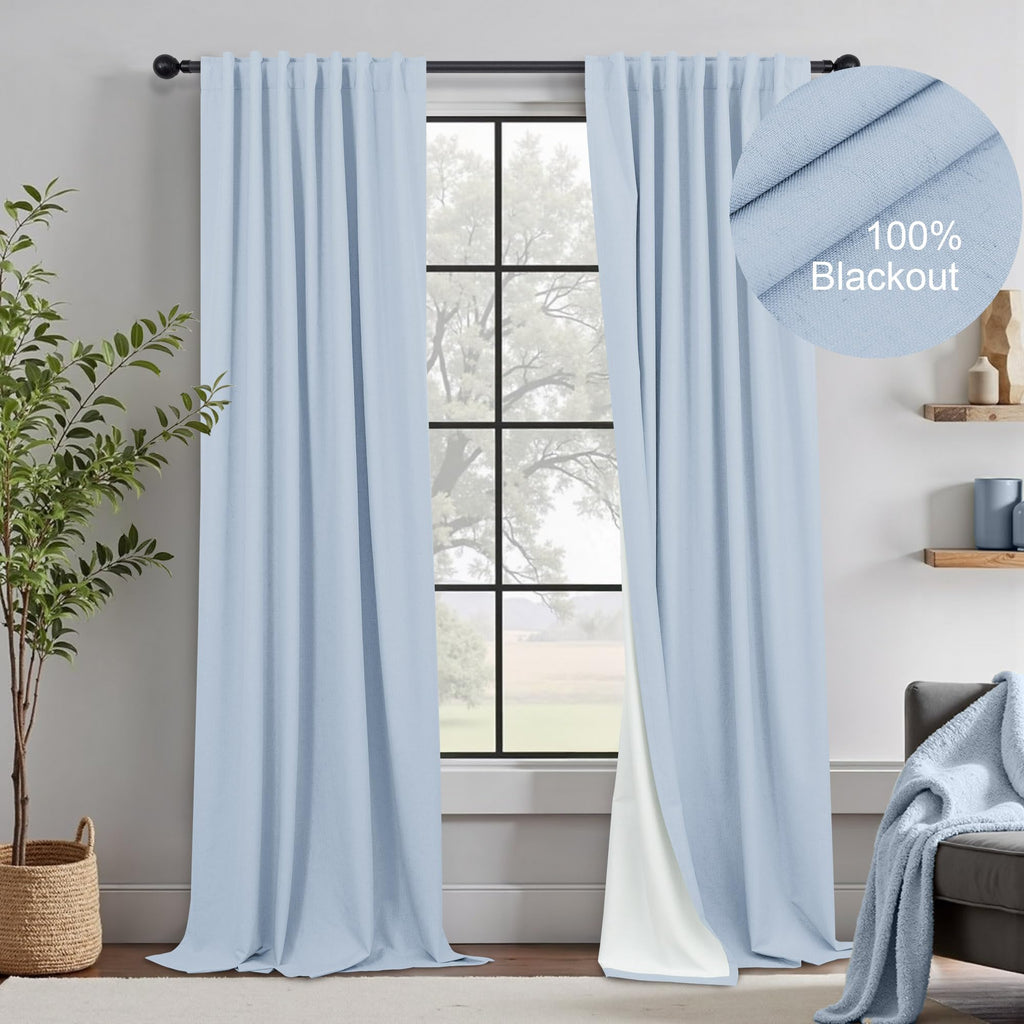 Light Blue Linen 108 Inch 2 Panel Curtain Set Y937679