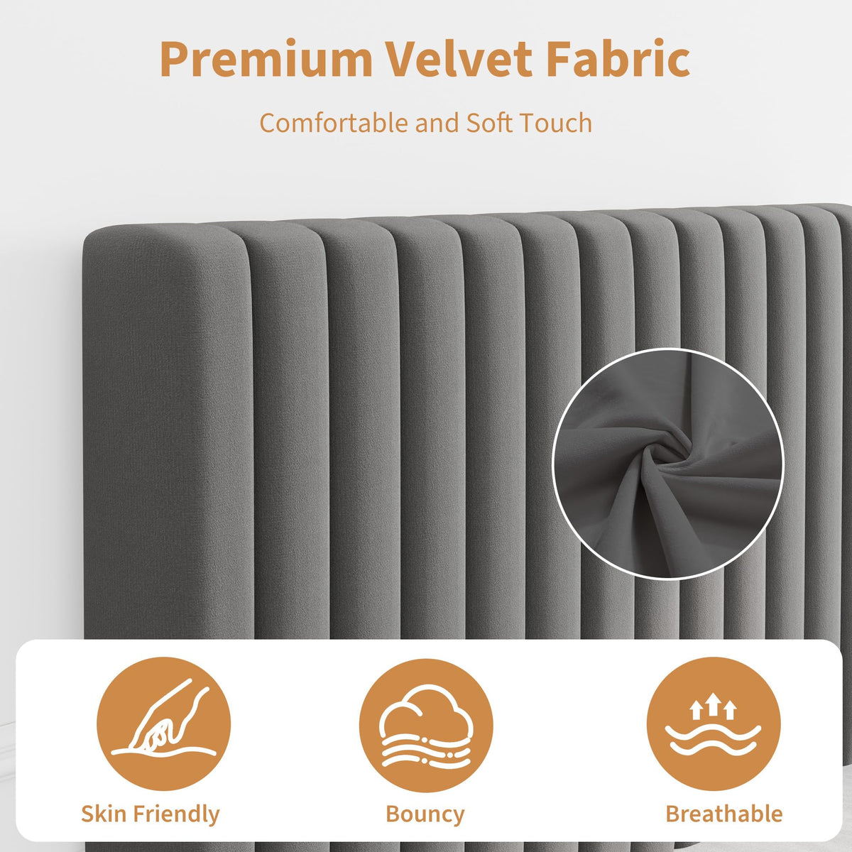 Velvet Upholstered Platform Bed with Adjustable Headboard X533