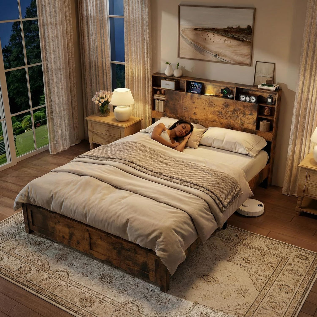 Full Size Storage Headboard Charging Station LED Platform Bed Frame N959582