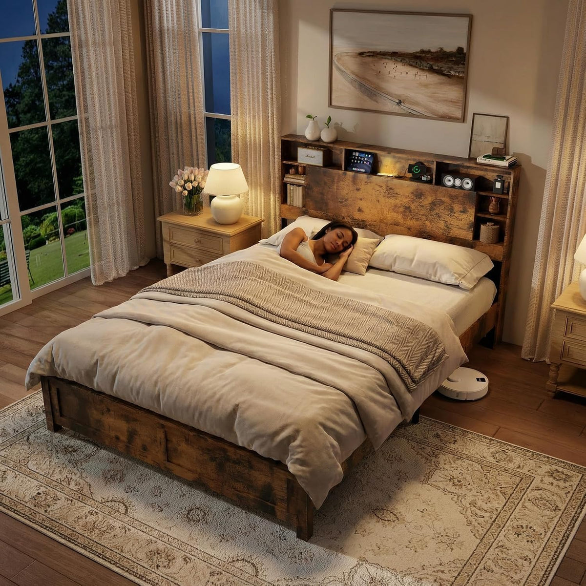 Full Size Storage Headboard Charging Station LED Platform Bed Frame N959582