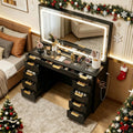 Glass Top Vanity Desk with Mirror and Lights, 11 Drawers Makeup Vanity with Stool A1961