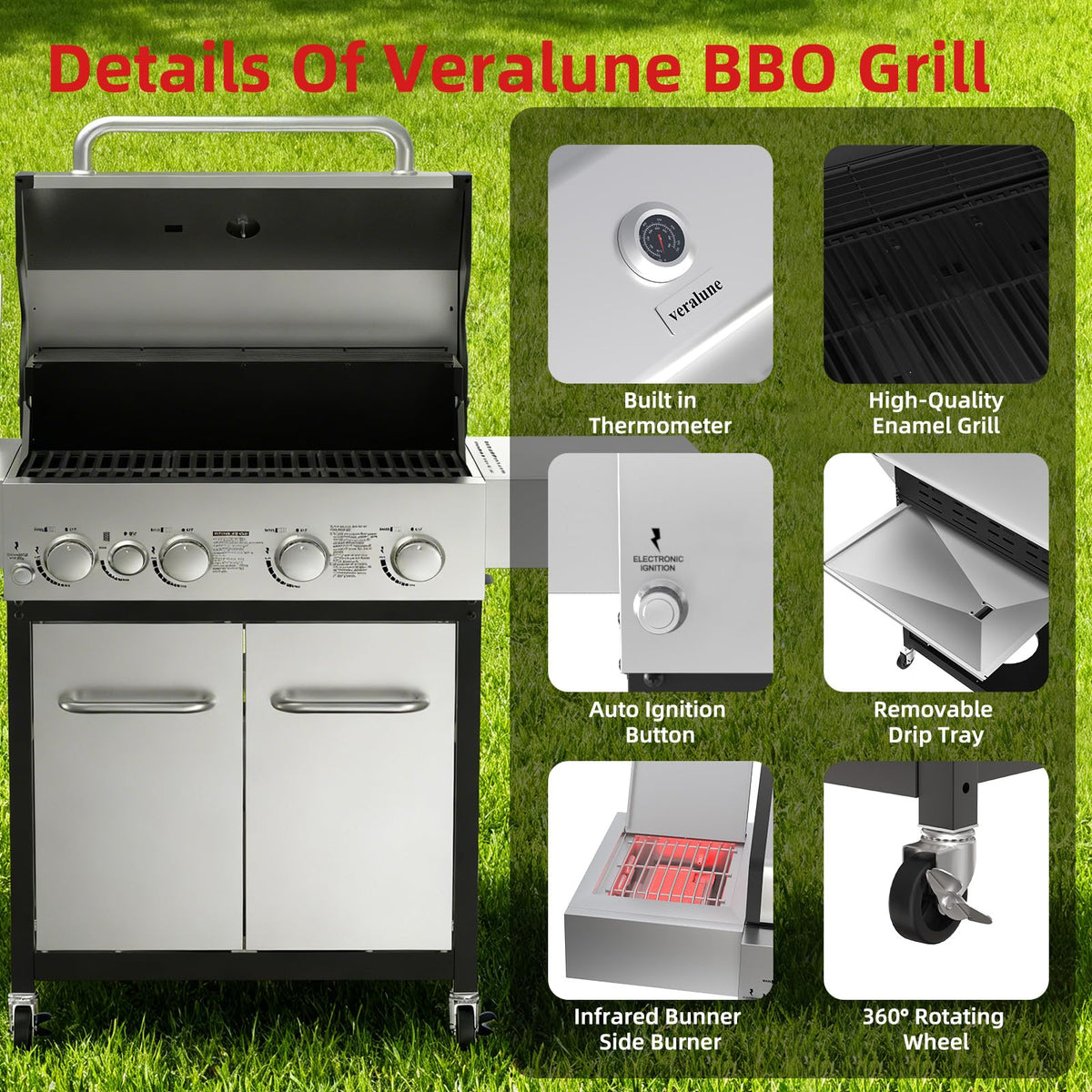 4 Burner Gas Grill with Side Burner and Wheels O985404