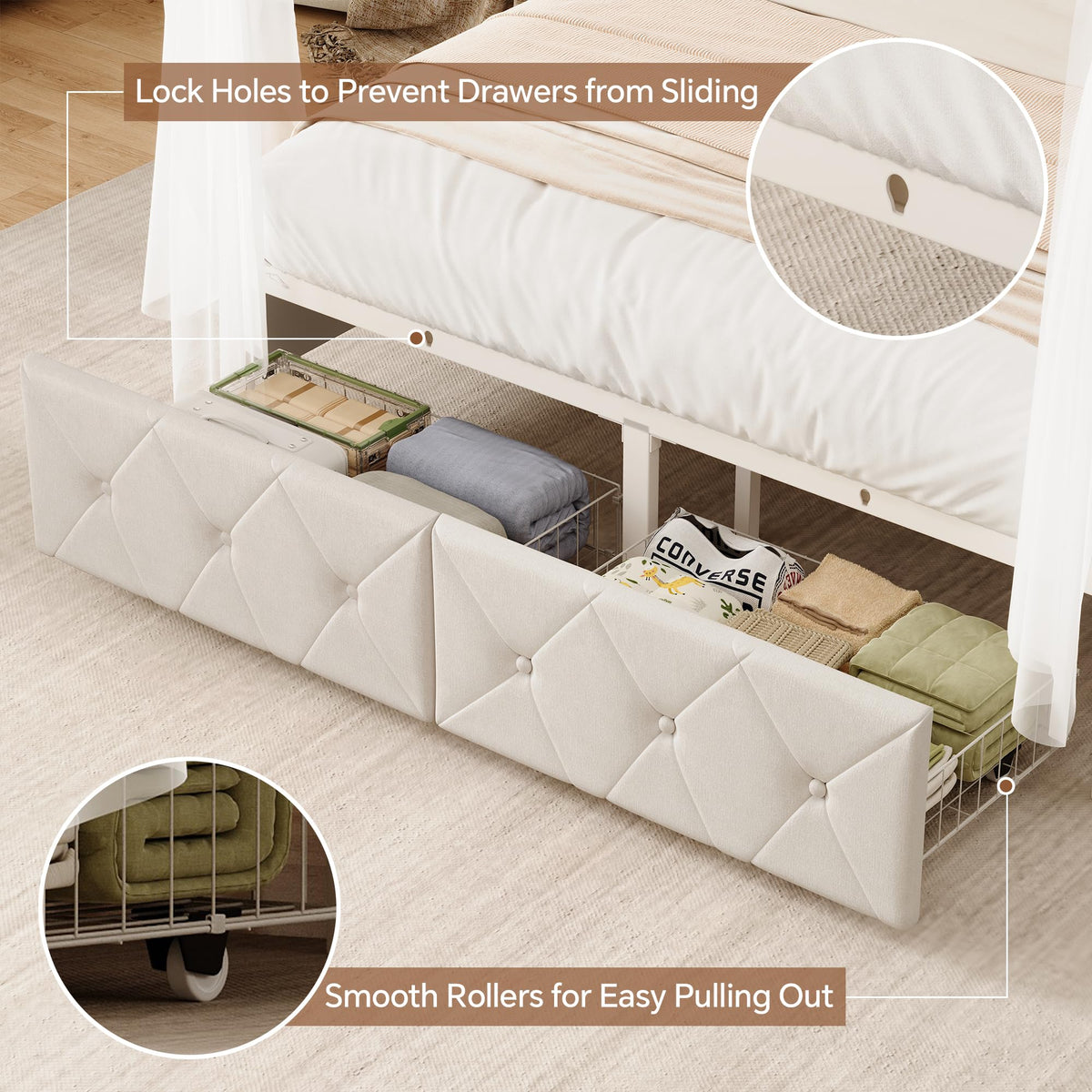 Full Size Canopy Bed Frame with Charging Station and LED Lights X988489