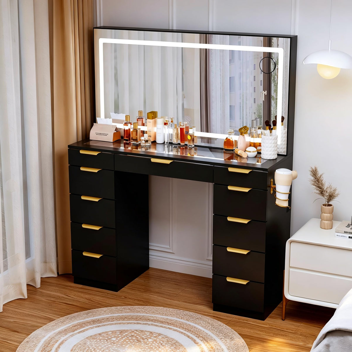 Glass Top Vanity Desk with Mirror and Lights, 11 Drawers Makeup Vanity with Stool A1961