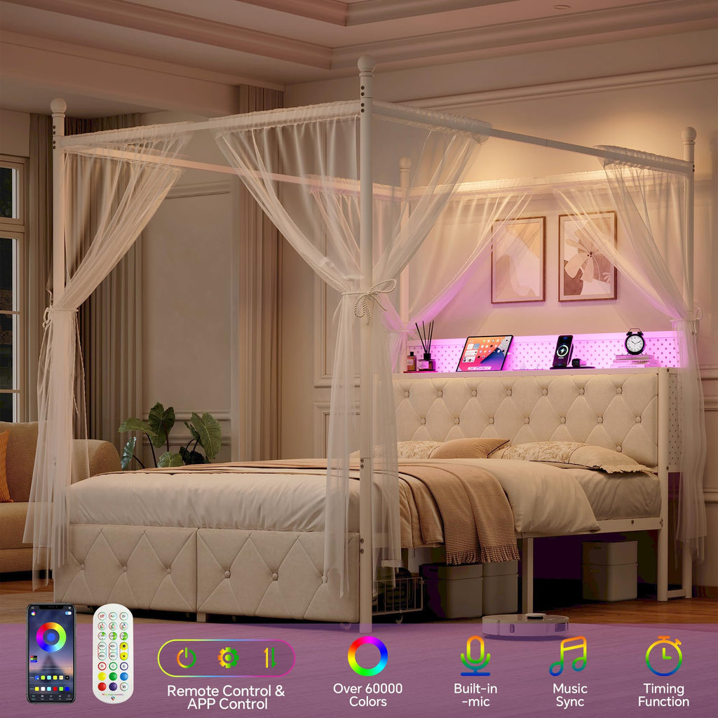 Full Size Canopy Bed Frame with Charging Station and LED Lights X988489