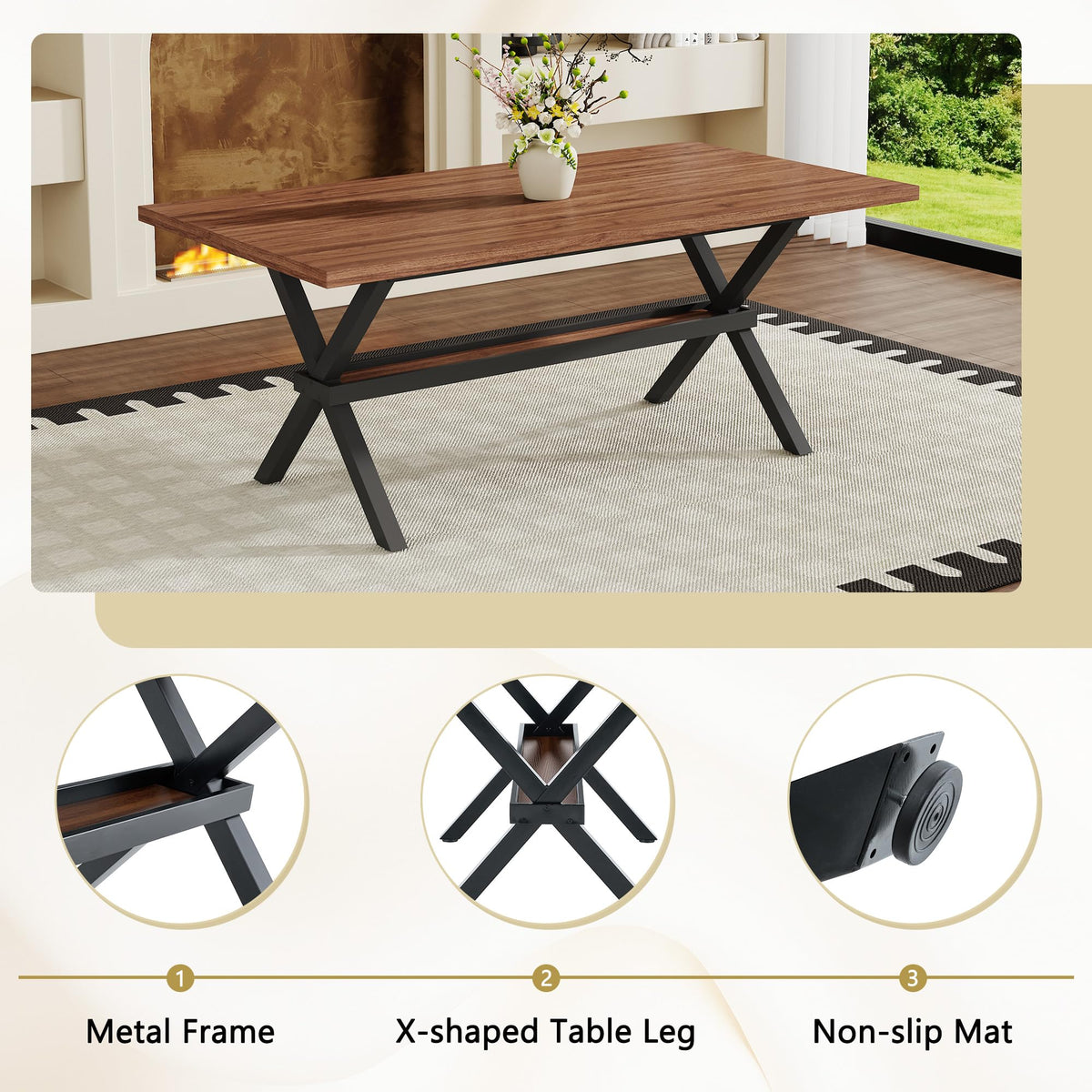 71-inch Dining Table with Chairs Set for 8, Walnut Wood Kitchen Table with Storage Shelf and Metal Legs, Brown PU Chairs A627