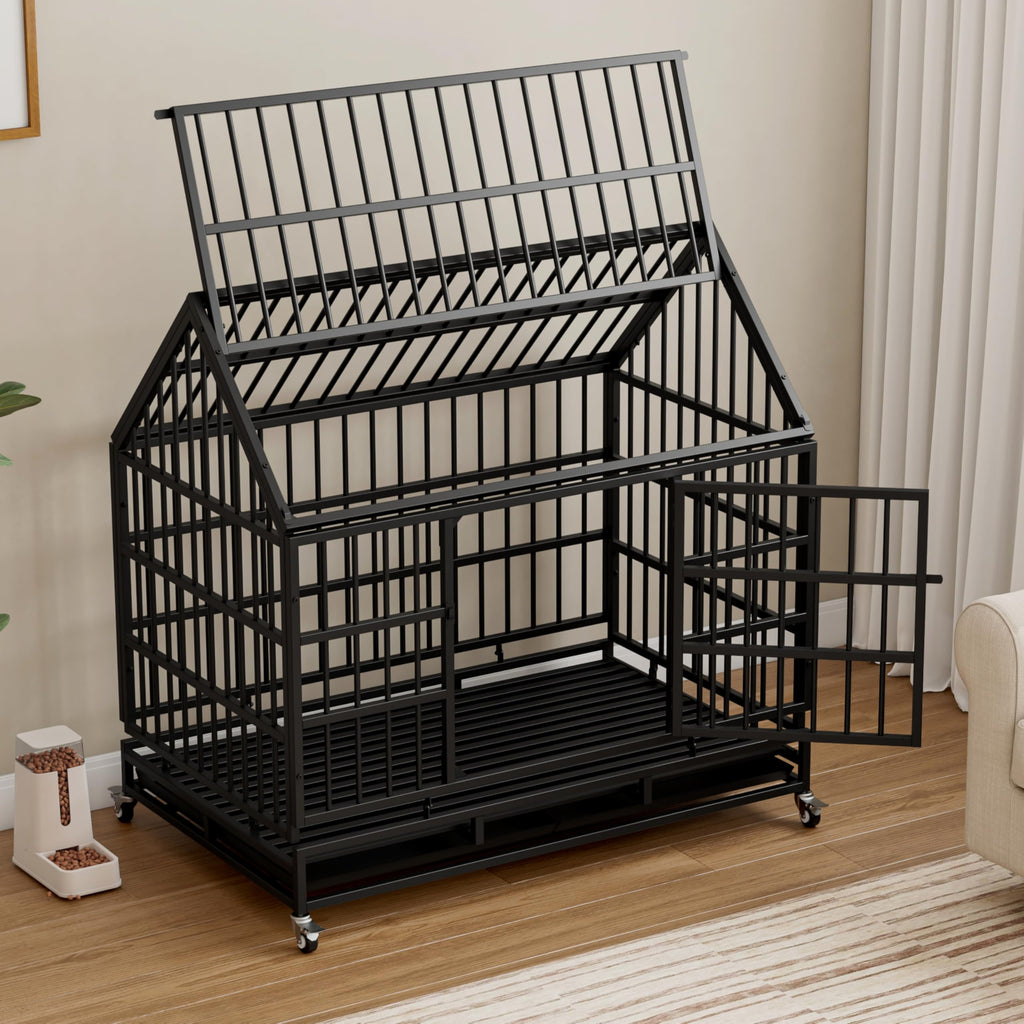 48 Inch Heavy Duty Collapsible Metal Dog Crate with Wheels T68788
