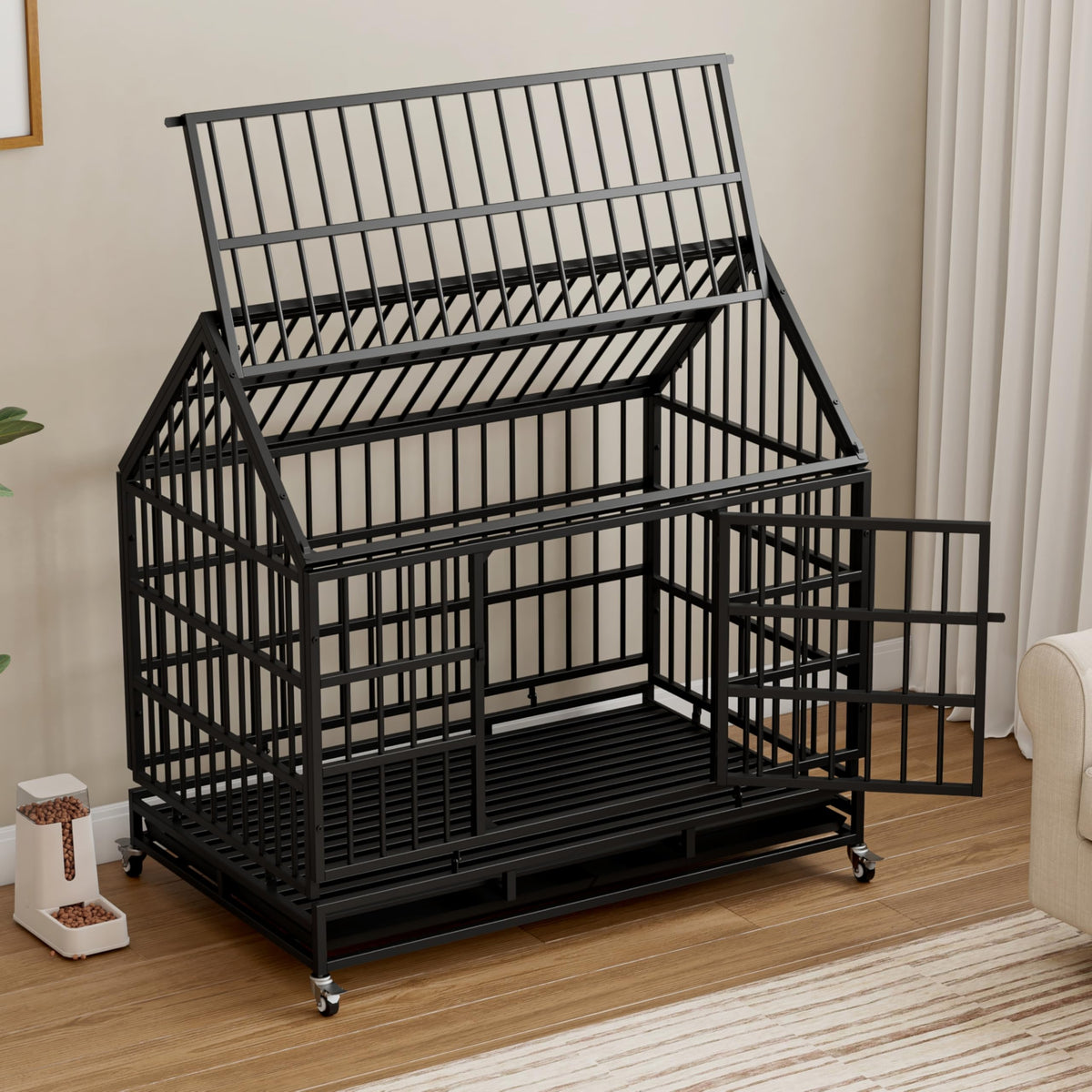 48 Inch Heavy Duty Collapsible Metal Dog Crate with Wheels T68788