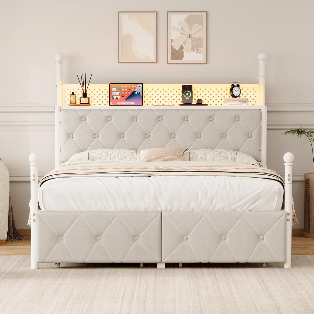 Full Size Canopy Bed Frame with Charging Station and LED Lights X988489