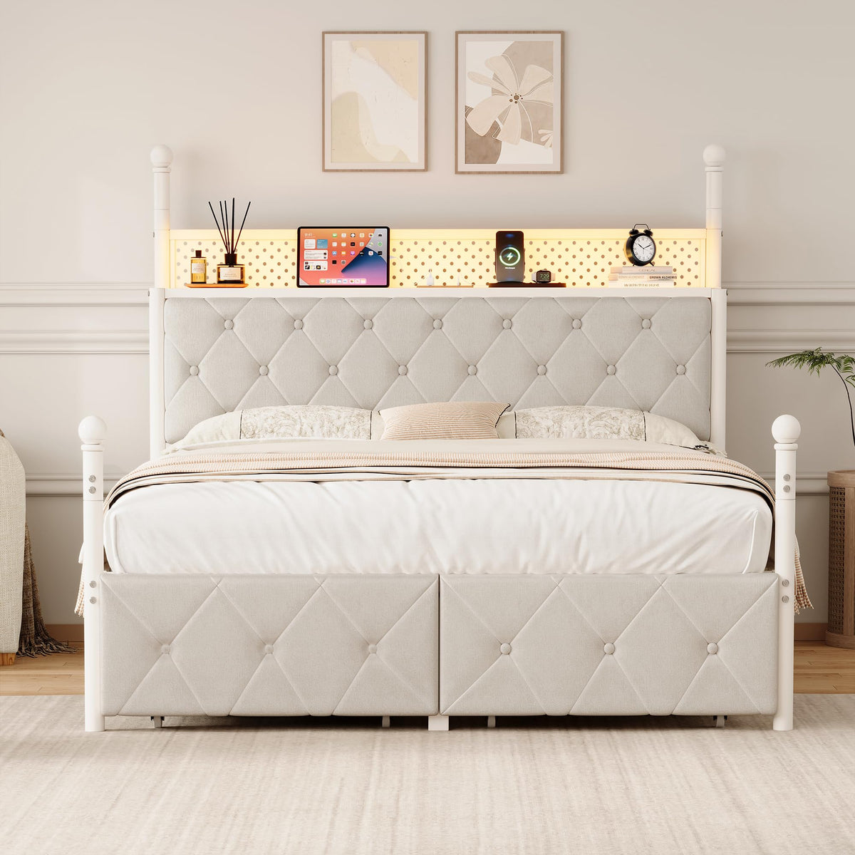 Full Size Canopy Bed Frame with Charging Station and LED Lights X988489