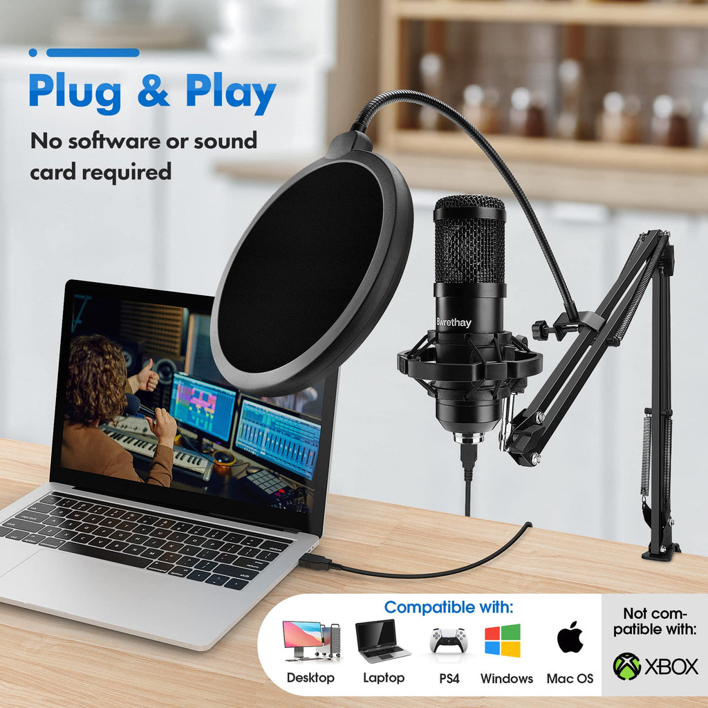 USB Condenser Cardioid Microphone with Boom Arm Stand and Shock Mount, Black O488