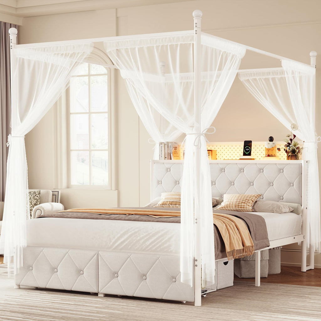 Full Size Canopy Bed Frame with Charging Station and LED Lights X988489