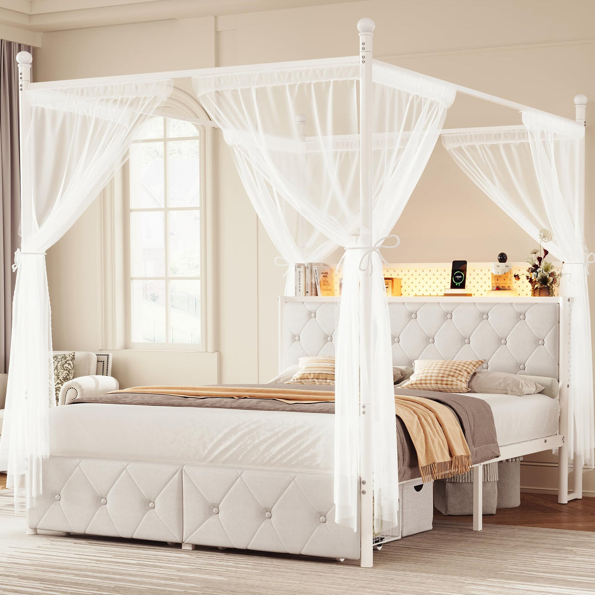 Full Size Canopy Bed Frame with Charging Station and LED Lights X988489