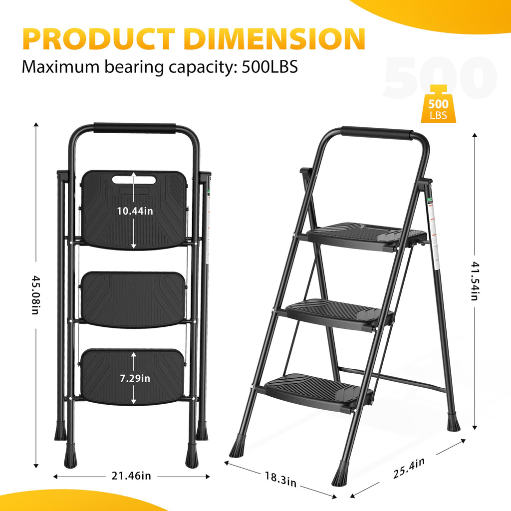 Folding Steel 3-Step Ladder with Handrail Q721161