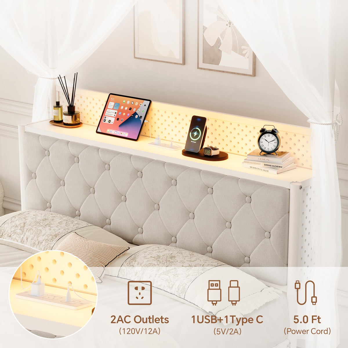Full Size Canopy Bed Frame with Charging Station and LED Lights X988489