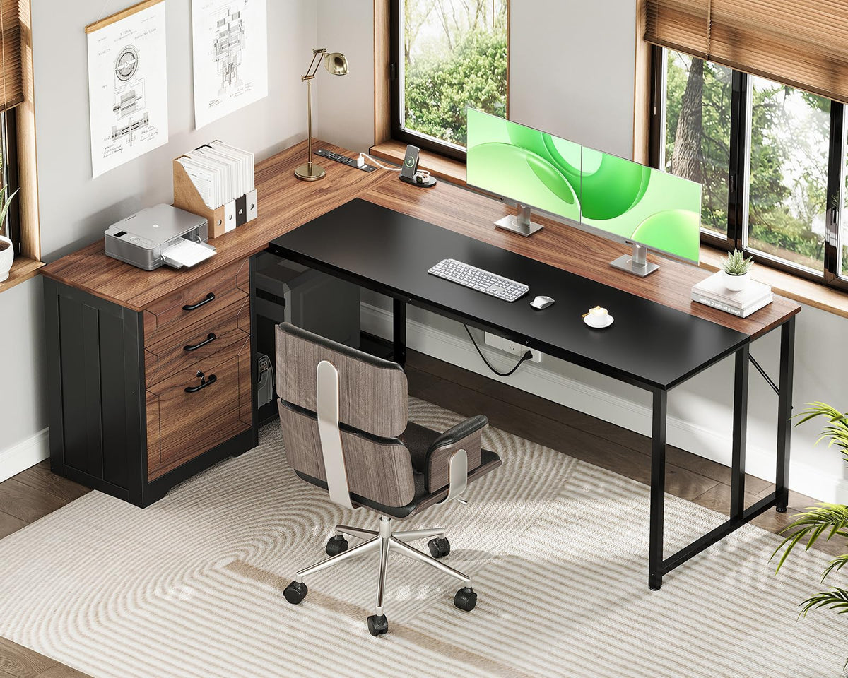 61" L Shaped Office Desk with Wood Drawers D695