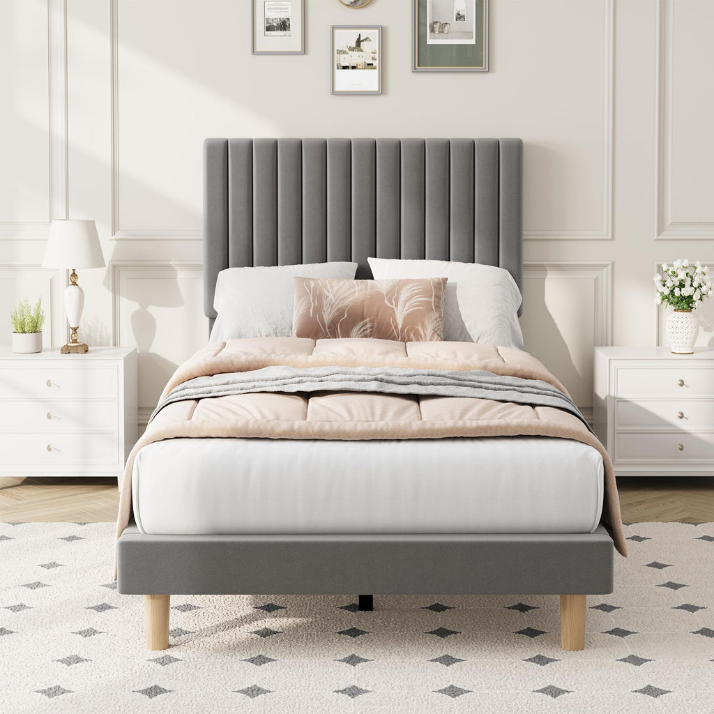 Velvet Upholstered Platform Bed with Adjustable Headboard X533