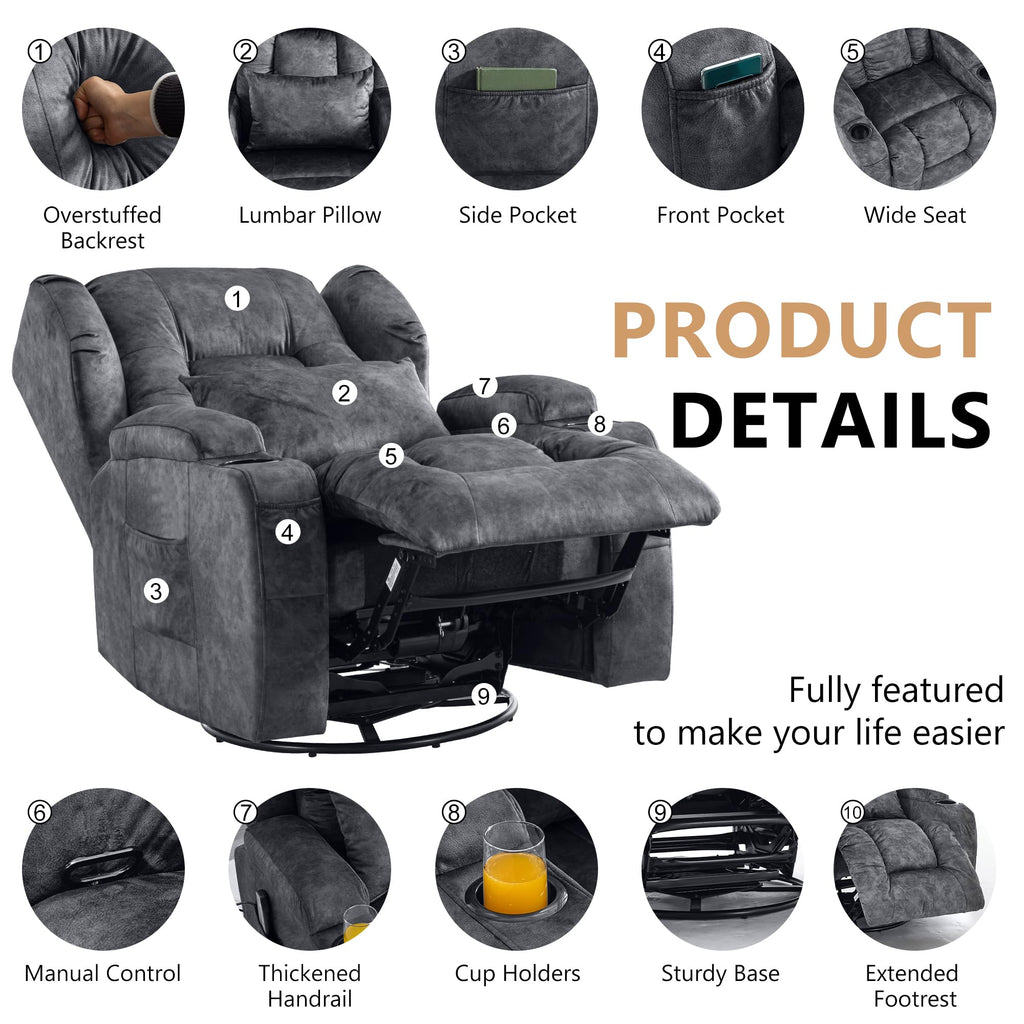 Manual Swivel Rocker Recliner Chair Velvet Grey G6107