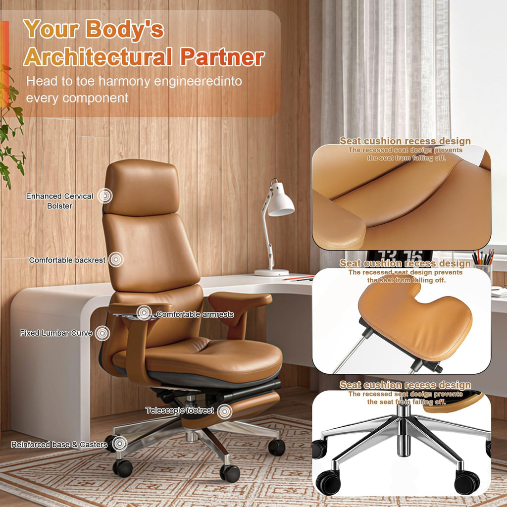 Ergonomic Genuine Leather Office Chair with Footrest X90310