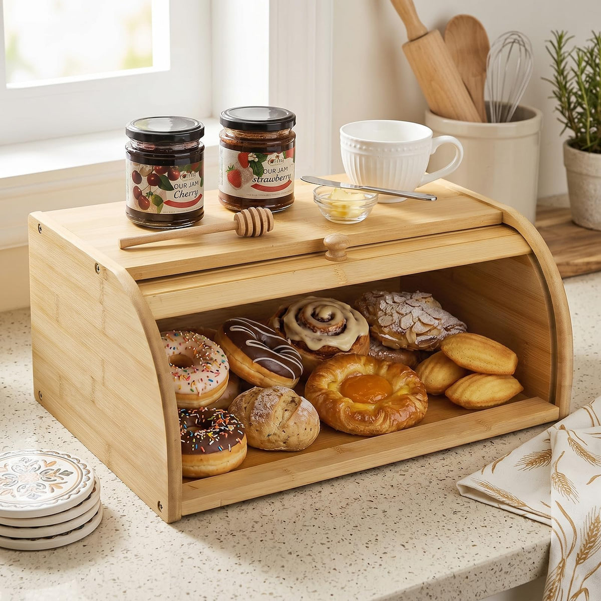 Large Natural Bamboo Roll Top Bread Box S185018