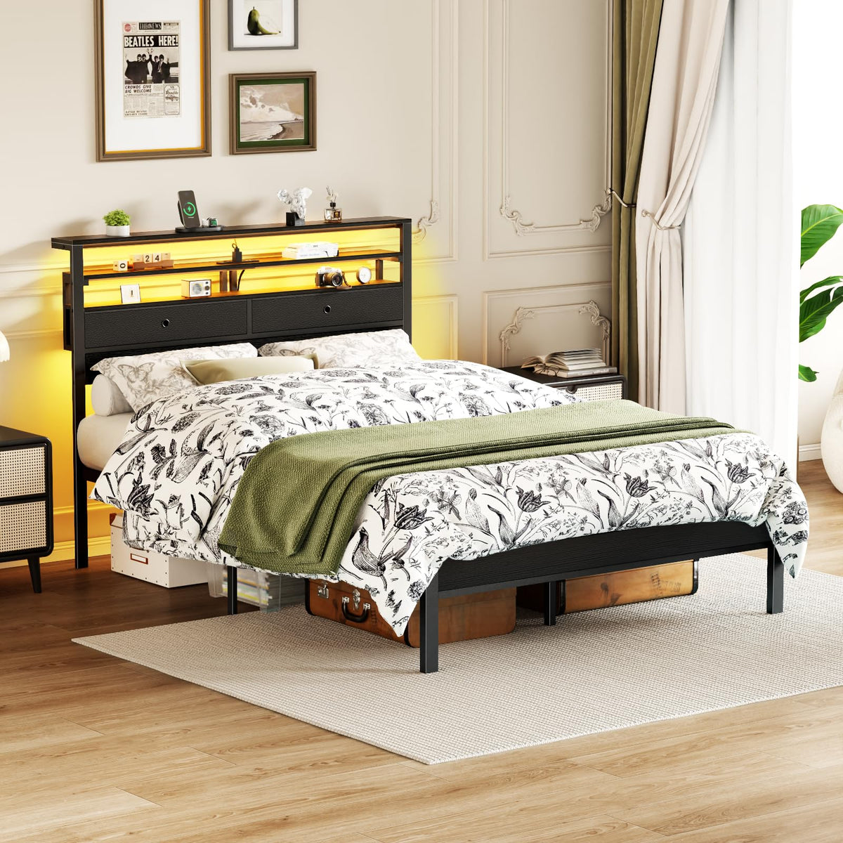 Full Size Bed Frame with Headboard & 2 Fabric Drawers S77307