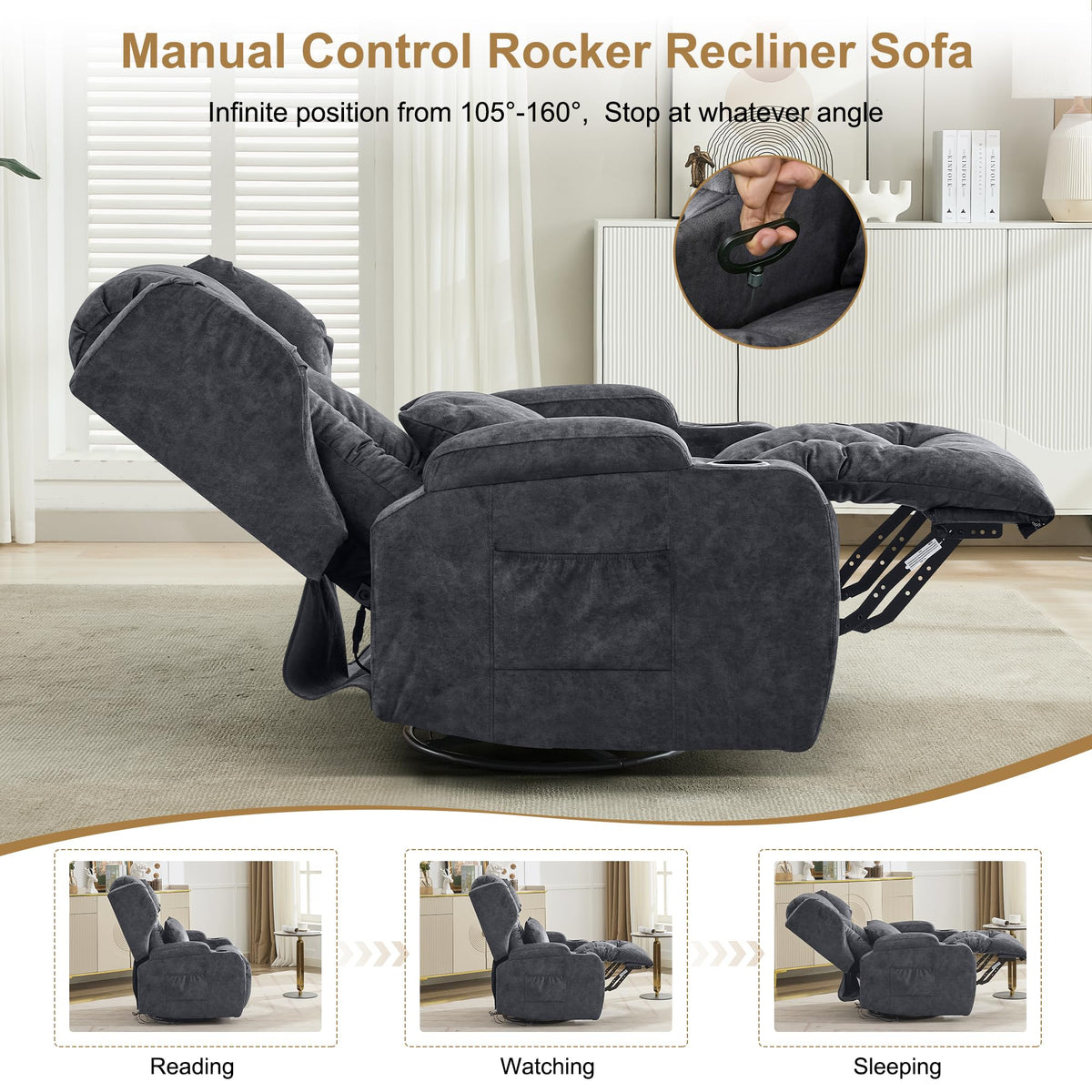 Manual Swivel Rocker Recliner Chair Velvet Grey G6107