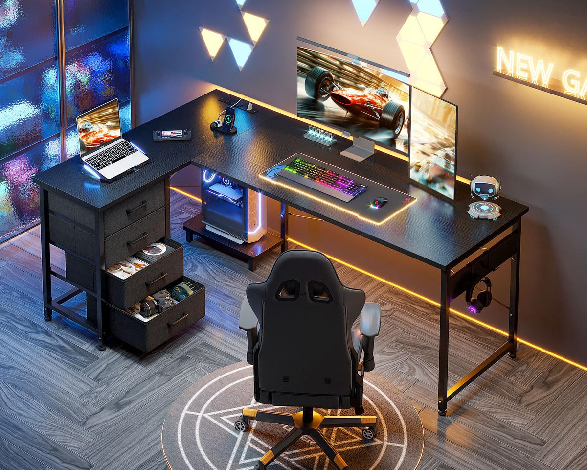 61" L Shaped Gaming Desk with 4 Drawers and Power Outlets, Black P3103