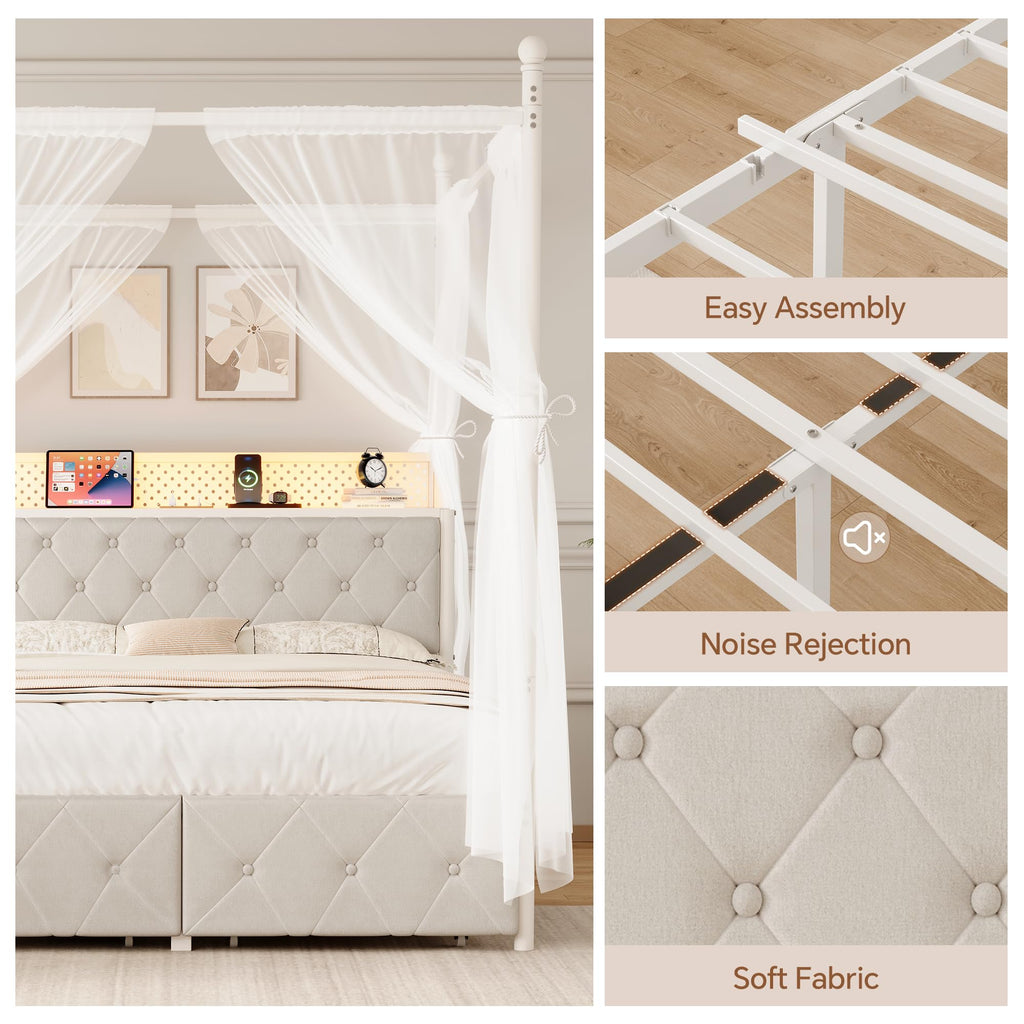 Full Size Canopy Bed Frame with Charging Station and LED Lights X988489