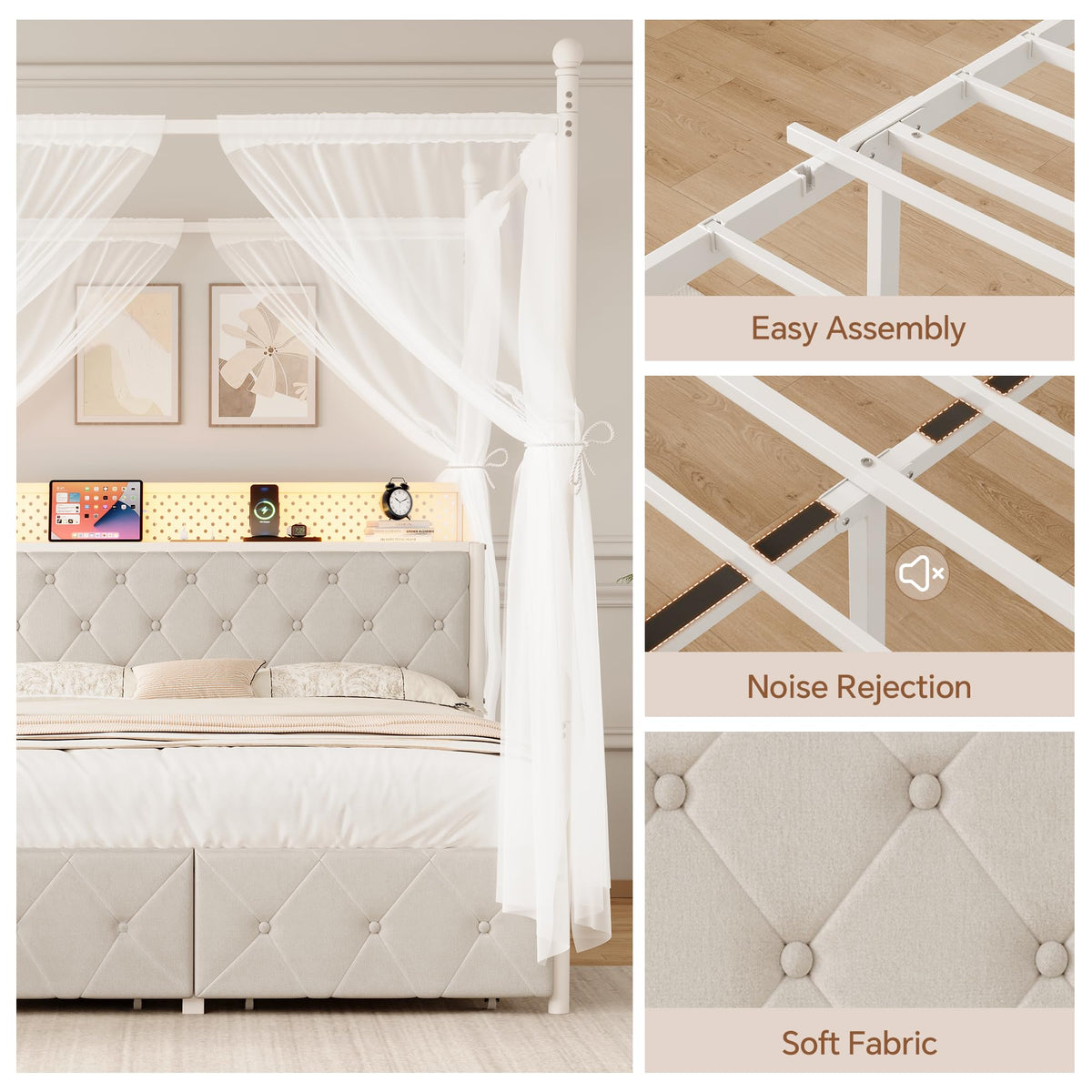 Full Size Canopy Bed Frame with Charging Station and LED Lights X988489
