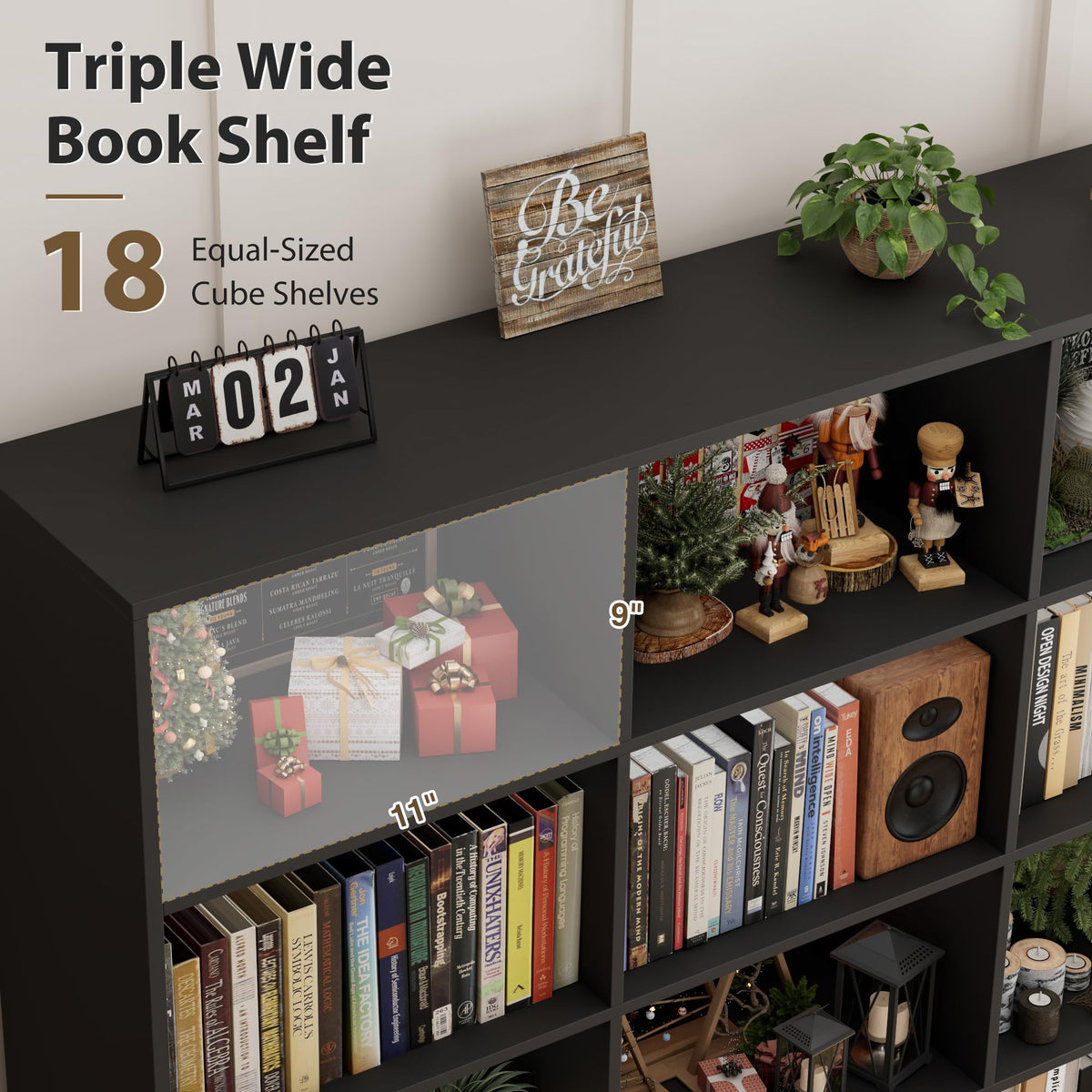 59" W Triple Wide Black Bookshelf and Bookcase N50264
