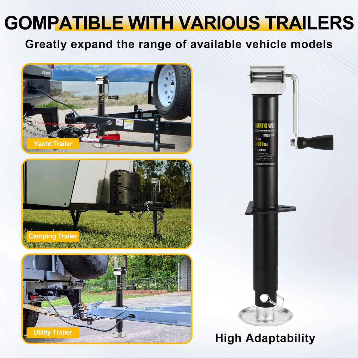 5000 lbs A-Frame Trailer Jack, 15" Vertical Travel with Adjustable Drop Leg P243