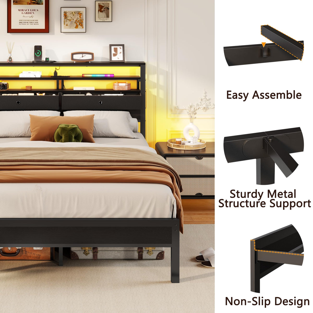 Full Size Bed Frame with Headboard & 2 Fabric Drawers S77307