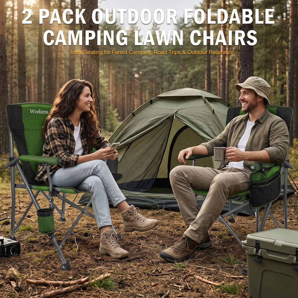 2 Pack Green Folding Camping Chair with Cup Holder and Storage Bag Z830