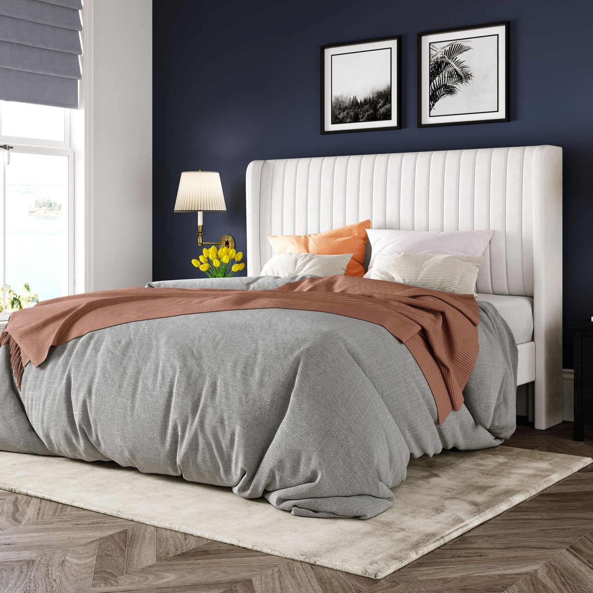 Queen Size White Velvet Upholstered Platform Bed D689732