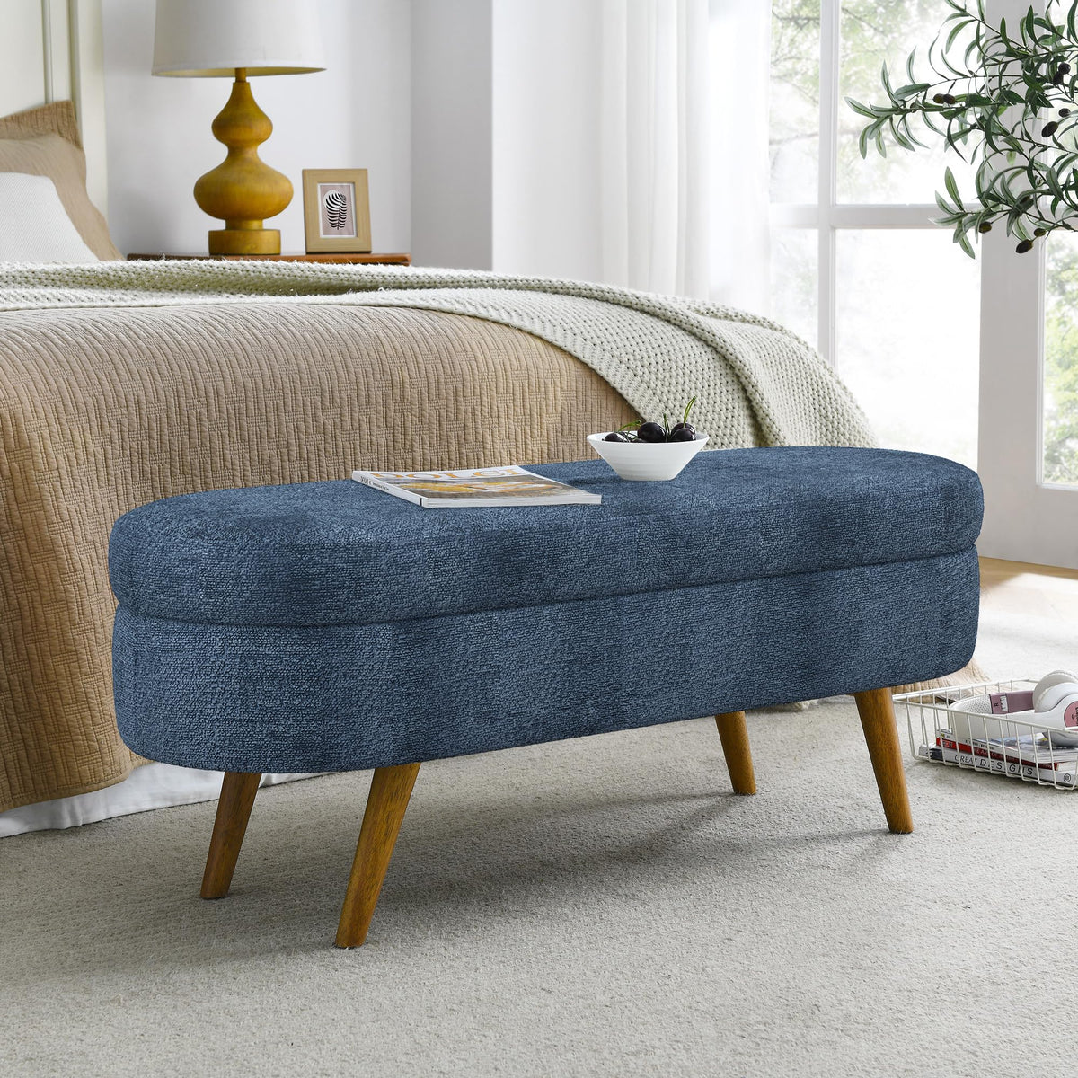 Oval Storage Bench with Rubber Wood Legs Q977527