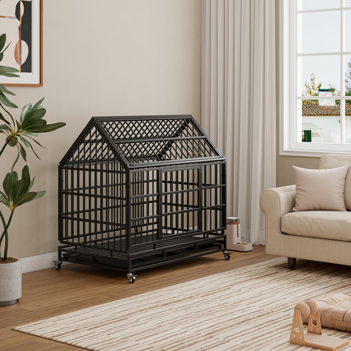 48 Inch Heavy Duty Collapsible Metal Dog Crate with Wheels T68788