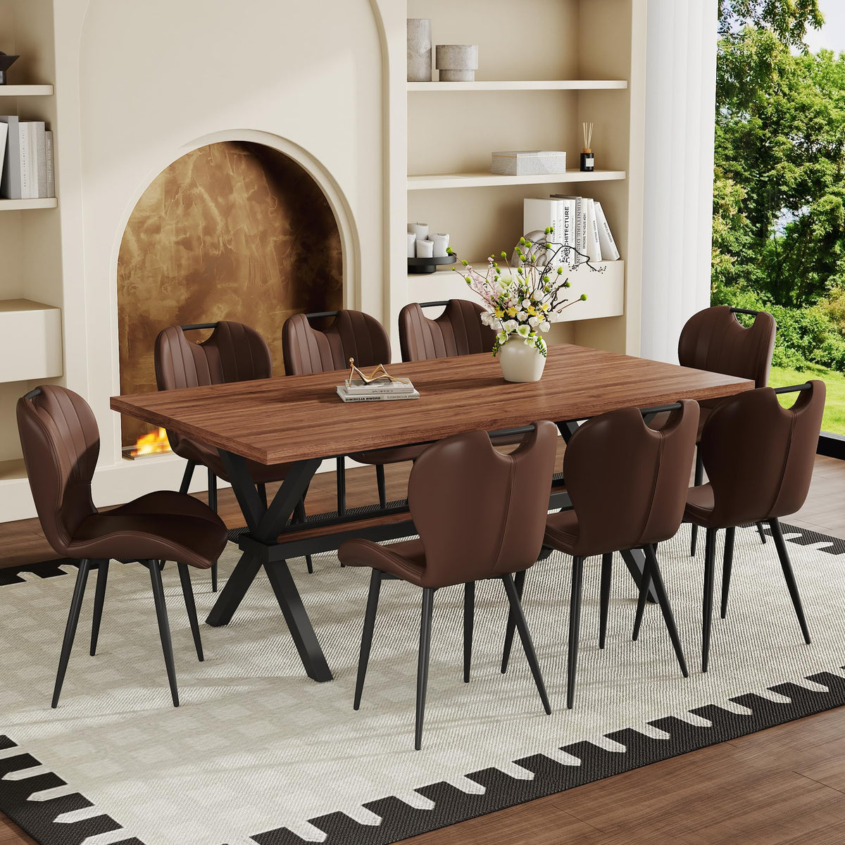 71-inch Dining Table with Chairs Set for 8, Walnut Wood Kitchen Table with Storage Shelf and Metal Legs, Brown PU Chairs A627