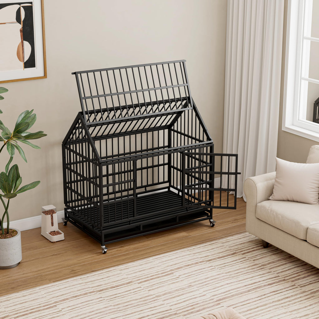 48 Inch Heavy Duty Collapsible Metal Dog Crate with Wheels T68788