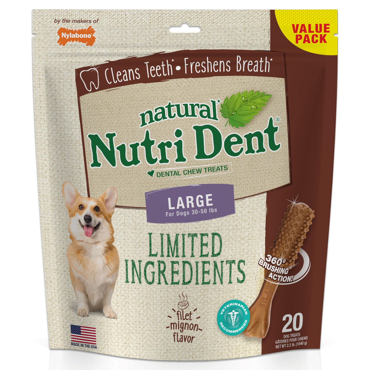 Large Filet Mignon Flavor Dog Dental Chews 20 Count G647