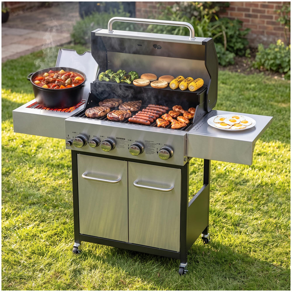 4 Burner Gas Grill with Side Burner and Wheels O985404