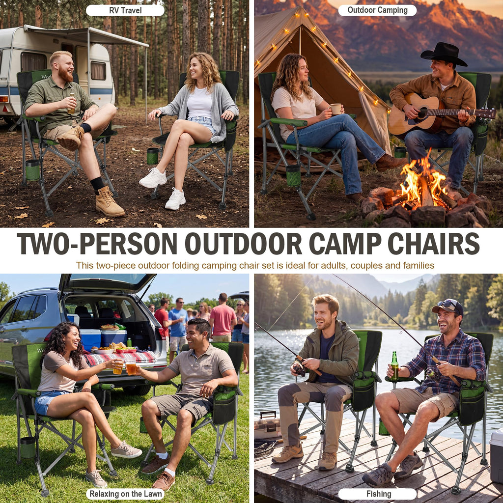 2 Pack Green Folding Camping Chair with Cup Holder and Storage Bag Z830