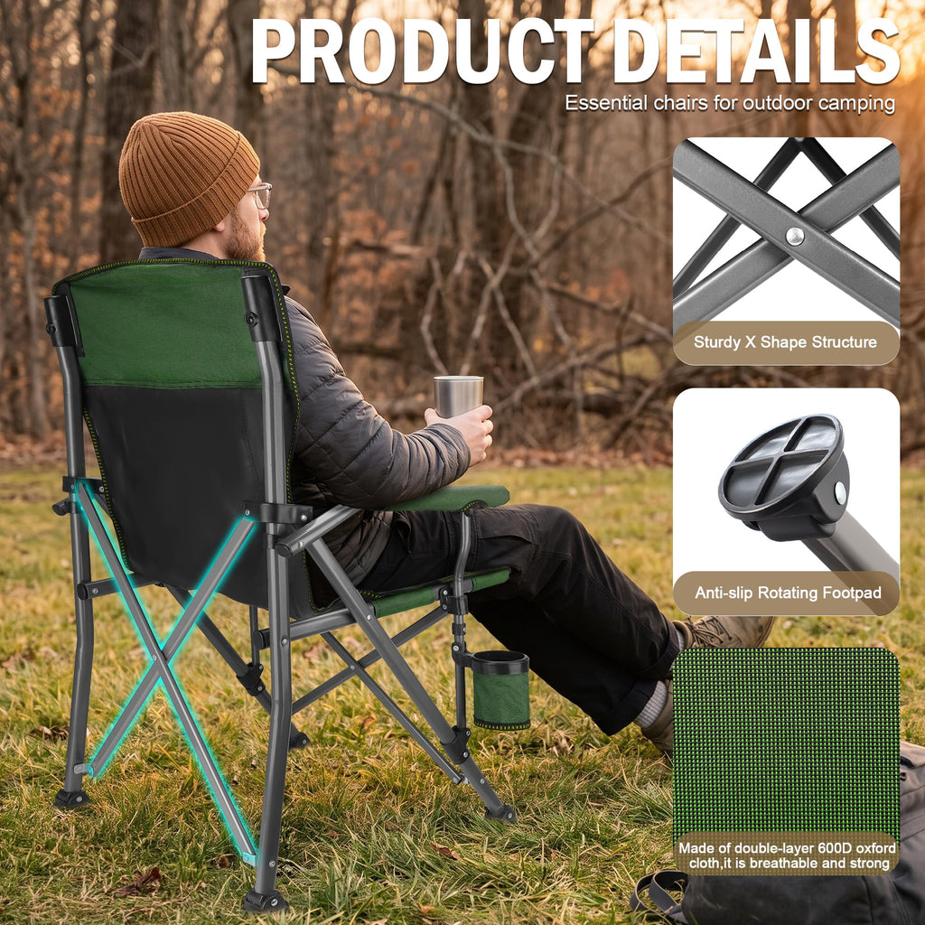 2 Pack Green Folding Camping Chair with Cup Holder and Storage Bag Z830