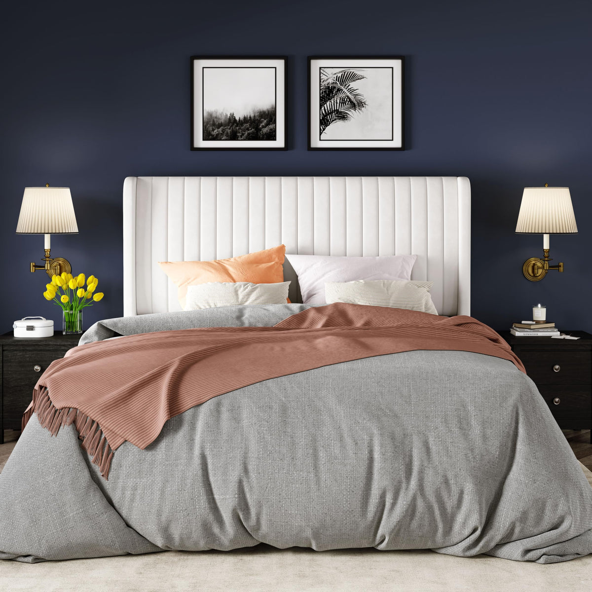 Queen Size White Velvet Upholstered Platform Bed D689732