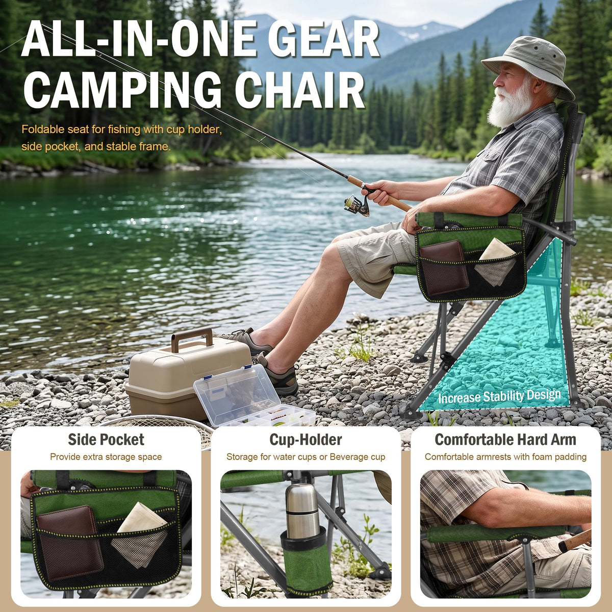 2 Pack Green Folding Camping Chair with Cup Holder and Storage Bag Z830